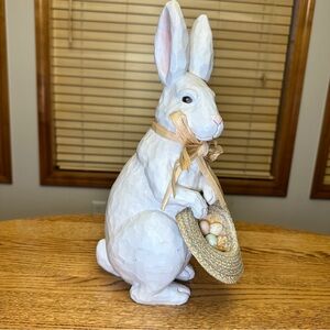 Easter Rabbit Bunny Figurine with Straw Hat and Eggs Hard Resin 14” Tall